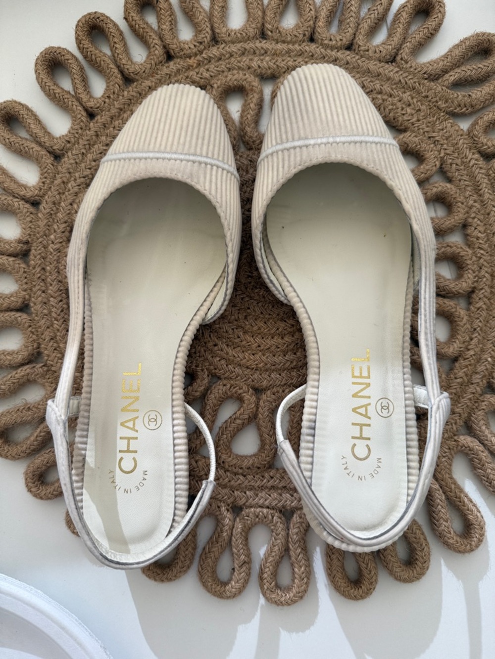 CHANEL Cream Corduroy Slingback Flats
